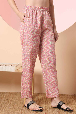 Beige Floral Printed Cotton Kurti Pant Set