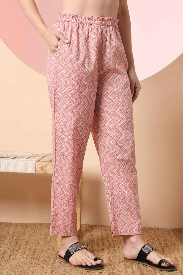 Beige Floral Printed Cotton Kurti Pant Set