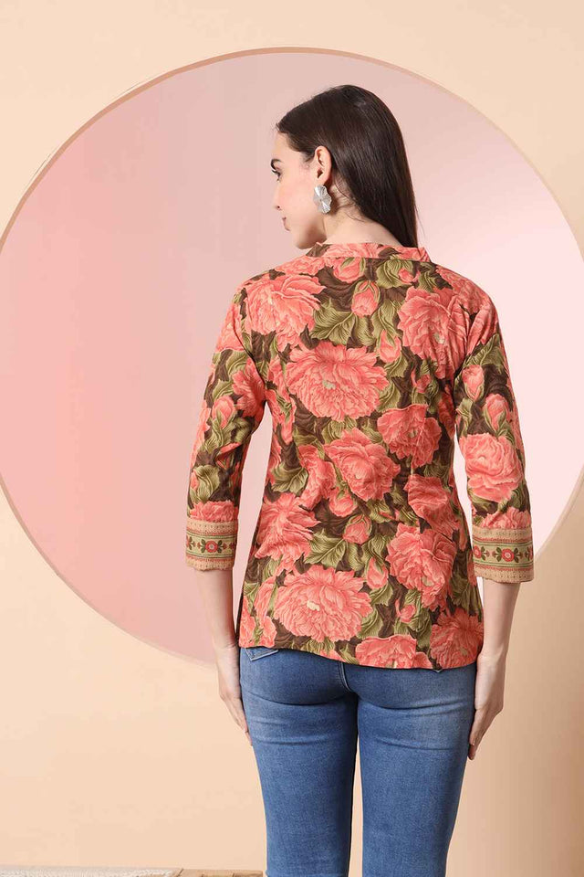 Orange Floral Printed Pure Cotton Tops