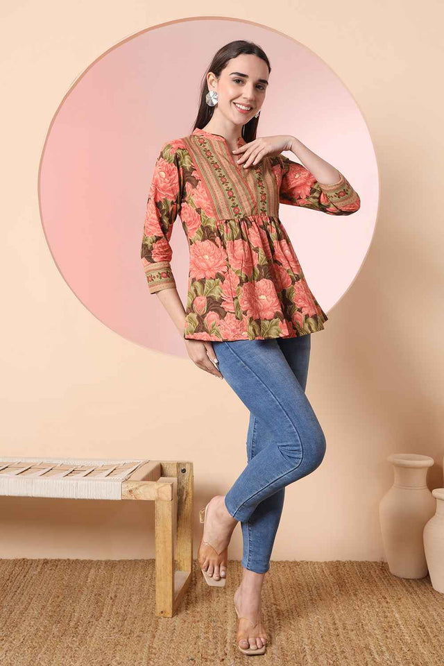 Orange Floral Printed Pure Cotton Tops