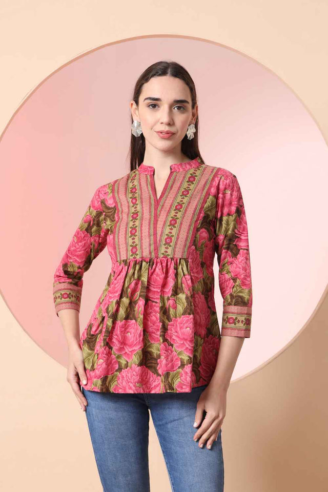 Pink Floral Printed Pure Cotton Tops