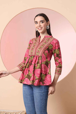 Pink Floral Printed Pure Cotton Tops