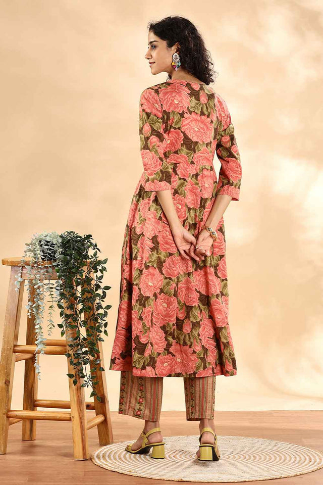 Orange Floral Printed Cotton Anarkali Suit Set