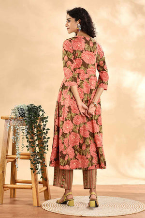 Peach Floral Printed Cotton Anarkali Suit Set