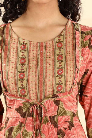 Peach Floral Printed Cotton Anarkali Suit Set