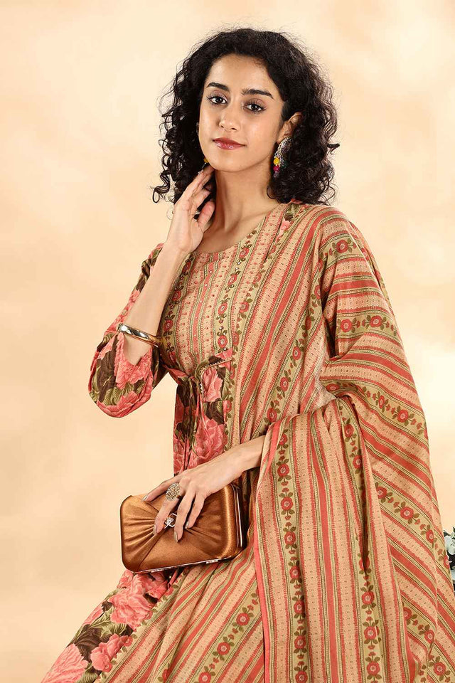 Peach Floral Printed Cotton Anarkali Suit Set