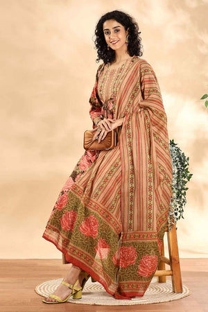 Orange Floral Printed Cotton Anarkali Suit Set