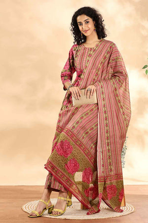Pink Floral Printed Cotton Anarkali Suit Set
