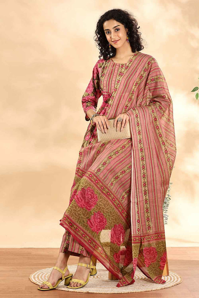 Pink Floral Printed Cotton Anarkali Suit Set