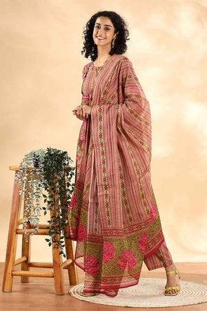 Pink Floral Printed Cotton Anarkali Suit Set