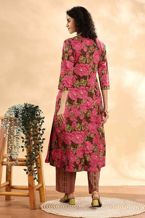 Pink Floral Printed Cotton Anarkali Suit Set