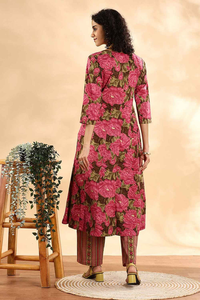 Pink Floral Printed Cotton Anarkali Suit Set