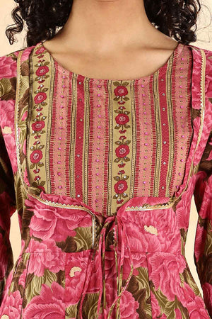 Pink Floral Printed Cotton Anarkali Suit Set