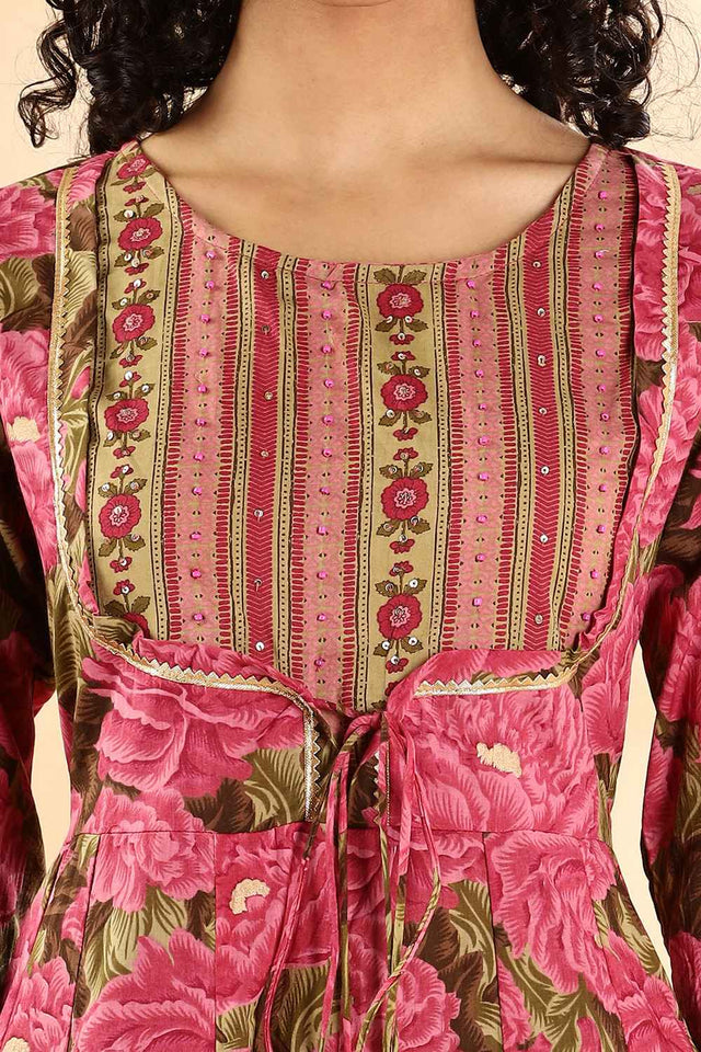 Pink Floral Printed Cotton Anarkali Suit Set