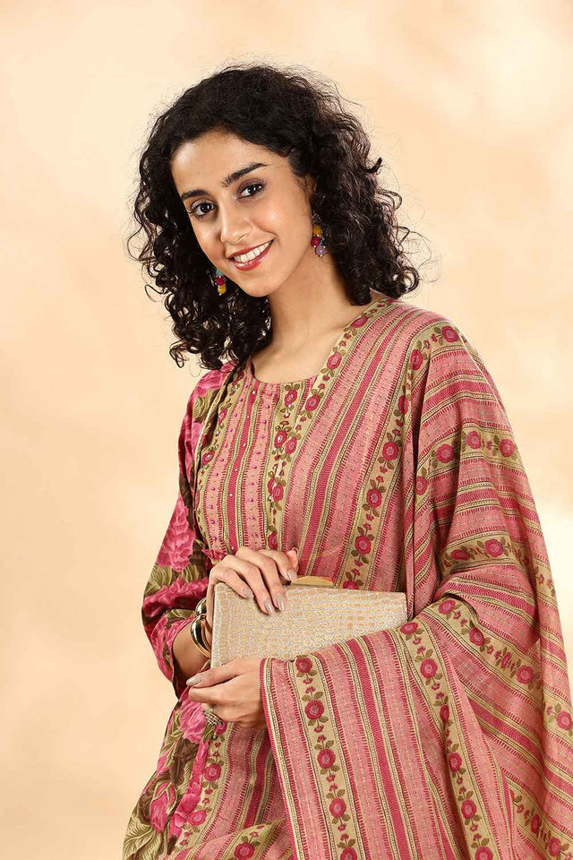 Pink Floral Printed Cotton Anarkali Suit Set