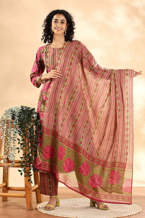 Pink Floral Printed Cotton Anarkali Suit Set