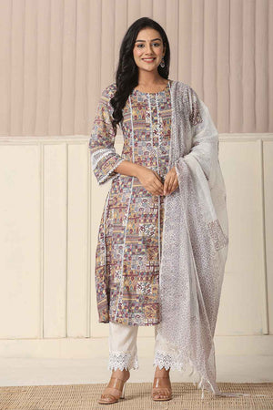 Beige Geometric Printed Cotton Anarkali Suit Set