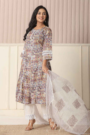 Beige Geometric Printed Cotton Anarkali Suit Set