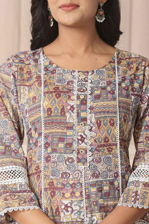 Beige Geometric Printed Cotton Anarkali Suit Set