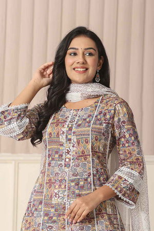 Beige Geometric Printed Cotton Anarkali Suit Set