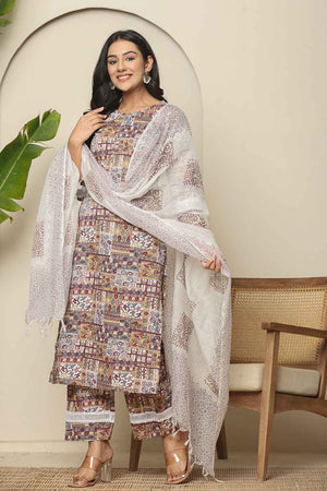 Beige Geometric Printed Cotton Kurti Pant Set