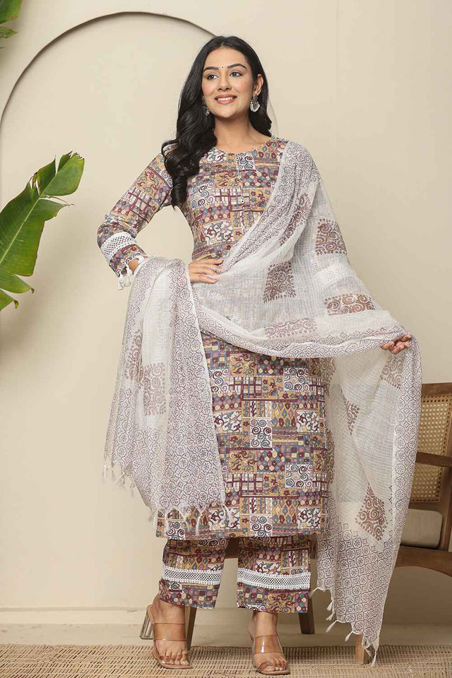 Beige Geometric Printed Cotton Kurti Pant Set