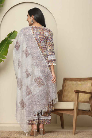 Beige Geometric Printed Cotton Kurti Pant Set