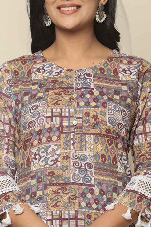 Beige Geometric Printed Cotton Kurti Pant Set