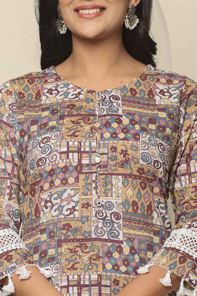 Beige Geometric Printed Cotton Kurti Pant Set