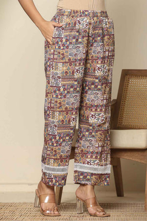 Beige Geometric Printed Cotton Kurti Pant Set