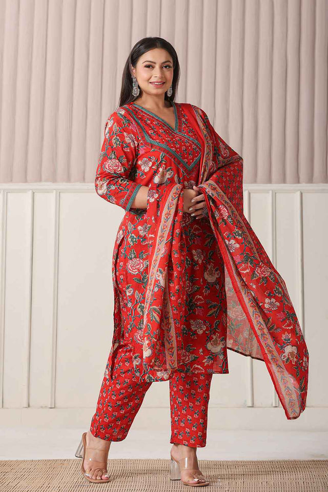 Red Floral Printed Pure Cotton Kurti Pant Set