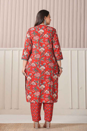 Red Floral Printed Pure Cotton Kurti Pant Set