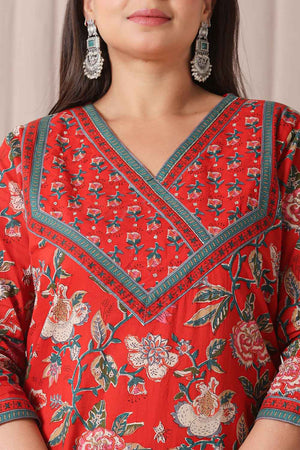 Red Floral Printed Pure Cotton Kurti Pant Set