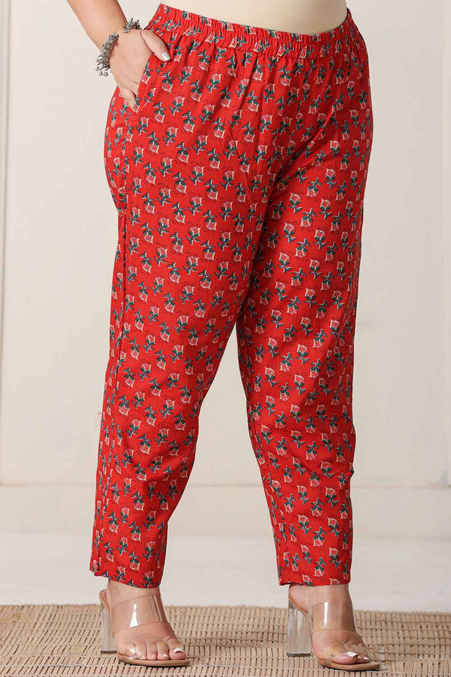Red Floral Printed Pure Cotton Kurti Pant Set