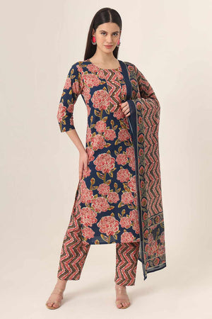Blue Floral print Cotton Kurti Pant Set