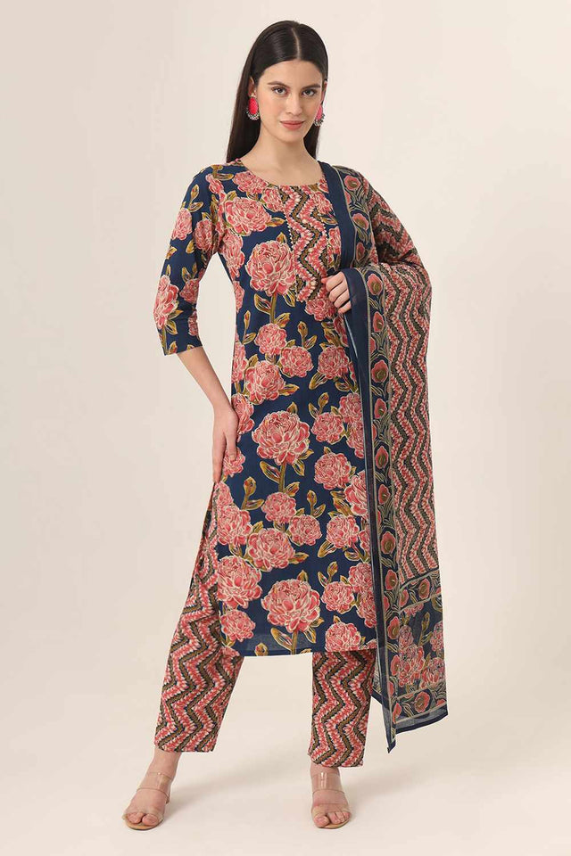 Blue Floral print Cotton Kurti Pant Set
