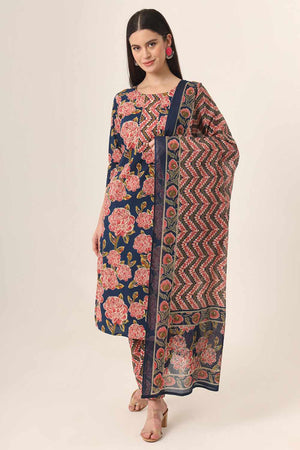 Blue Floral print Cotton Kurti Pant Set