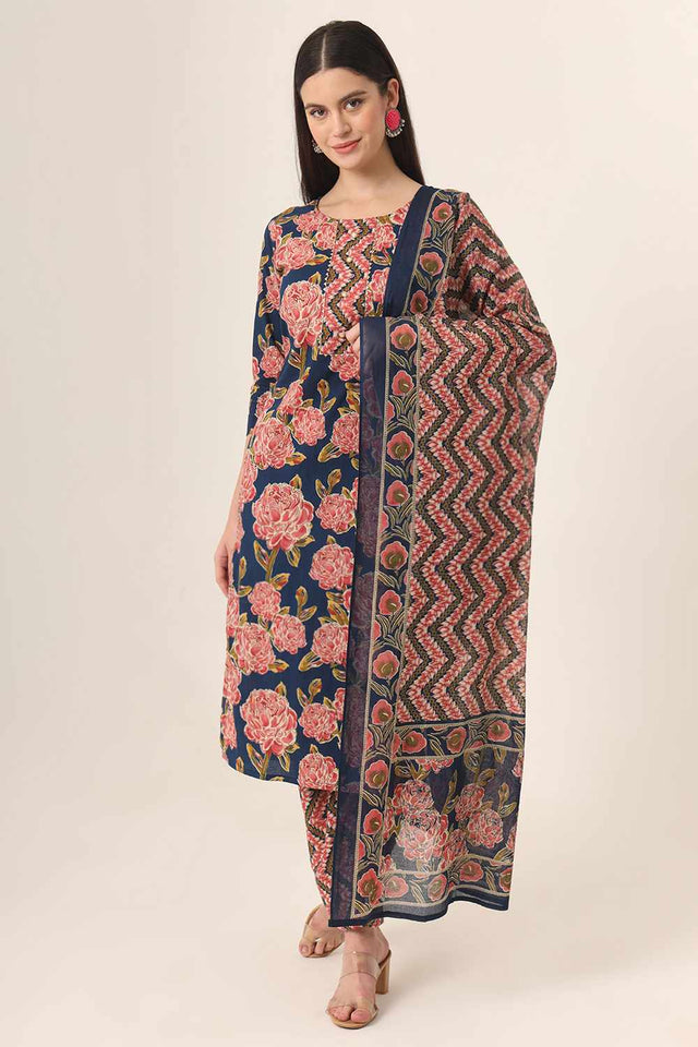 Blue Floral print Cotton Kurti Pant Set