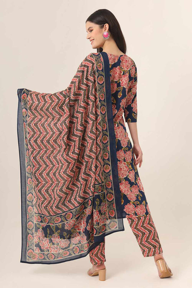 Blue Floral print Cotton Kurti Pant Set