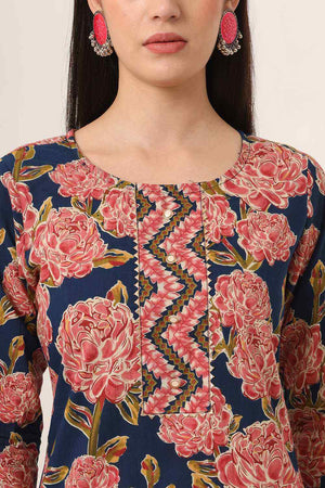 Blue Floral print Cotton Kurti Pant Set
