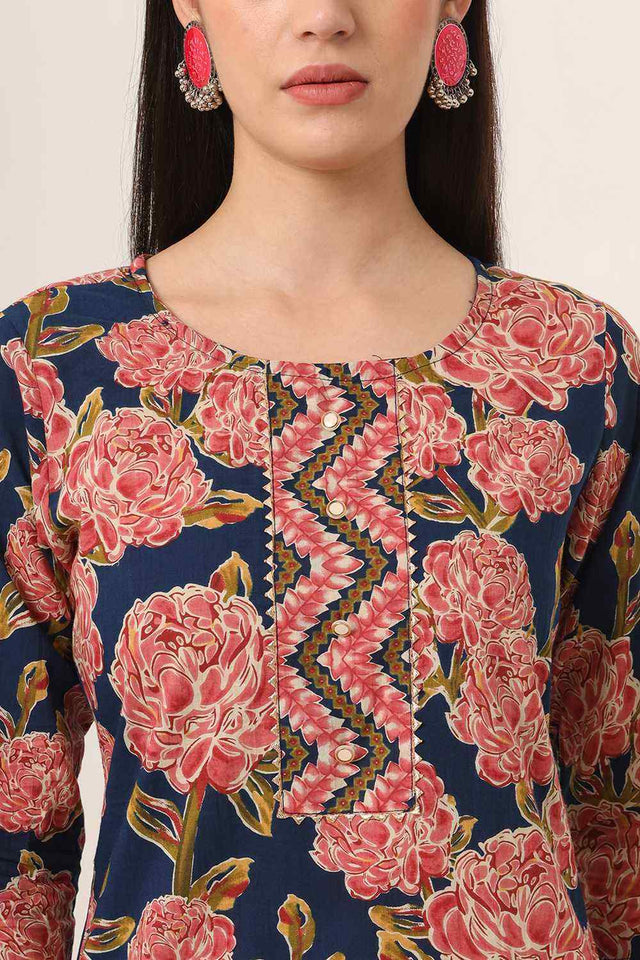 Blue Floral print Cotton Kurti Pant Set