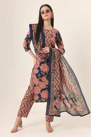 Blue Floral print Cotton Kurti Pant Set