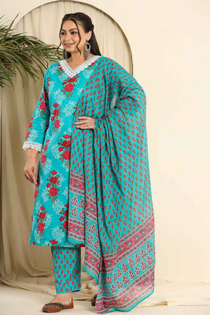 Blue Floral Printed Pure Cotton Kurti Pant Set