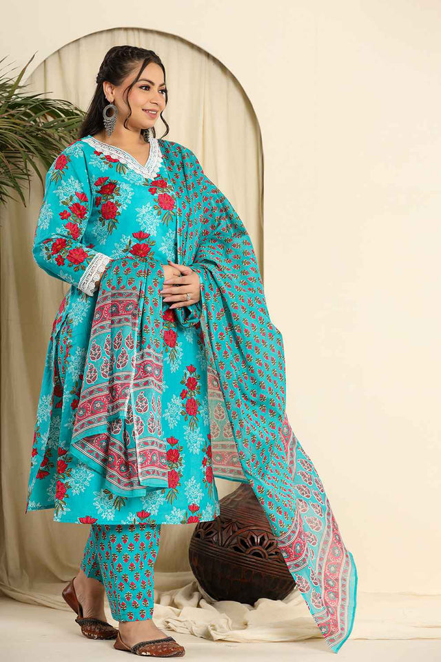 Blue Floral Printed Pure Cotton Kurti Pant Set