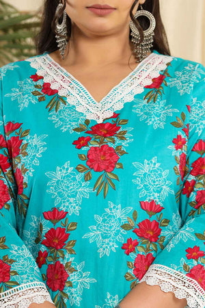 Blue Floral Printed Pure Cotton Kurti Pant Set