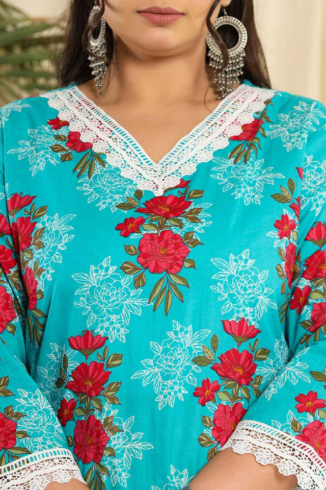 Blue Floral Printed Pure Cotton Kurti Pant Set