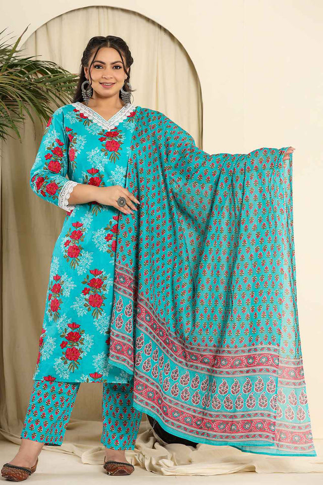 Blue Floral Printed Pure Cotton Kurti Pant Set