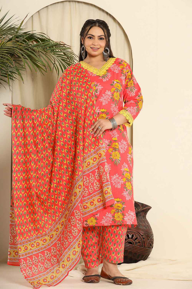 Pink Floral Printed Pure Cotton Kurti Pant Set