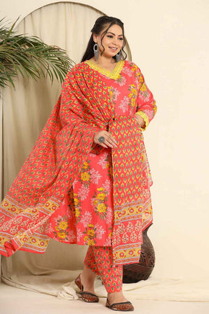 Pink Floral Printed Pure Cotton Kurti Pant Set
