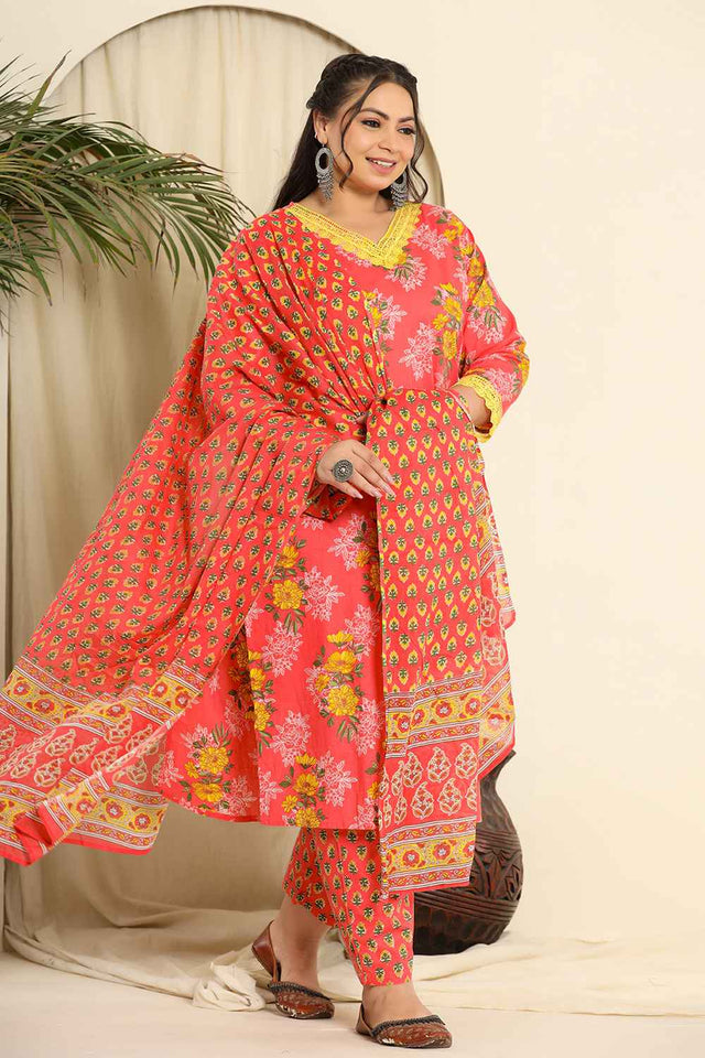 Pink Floral Printed Pure Cotton Kurti Pant Set
